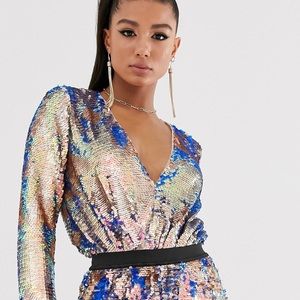 Wrap front bodysuit in multicolored sequin
